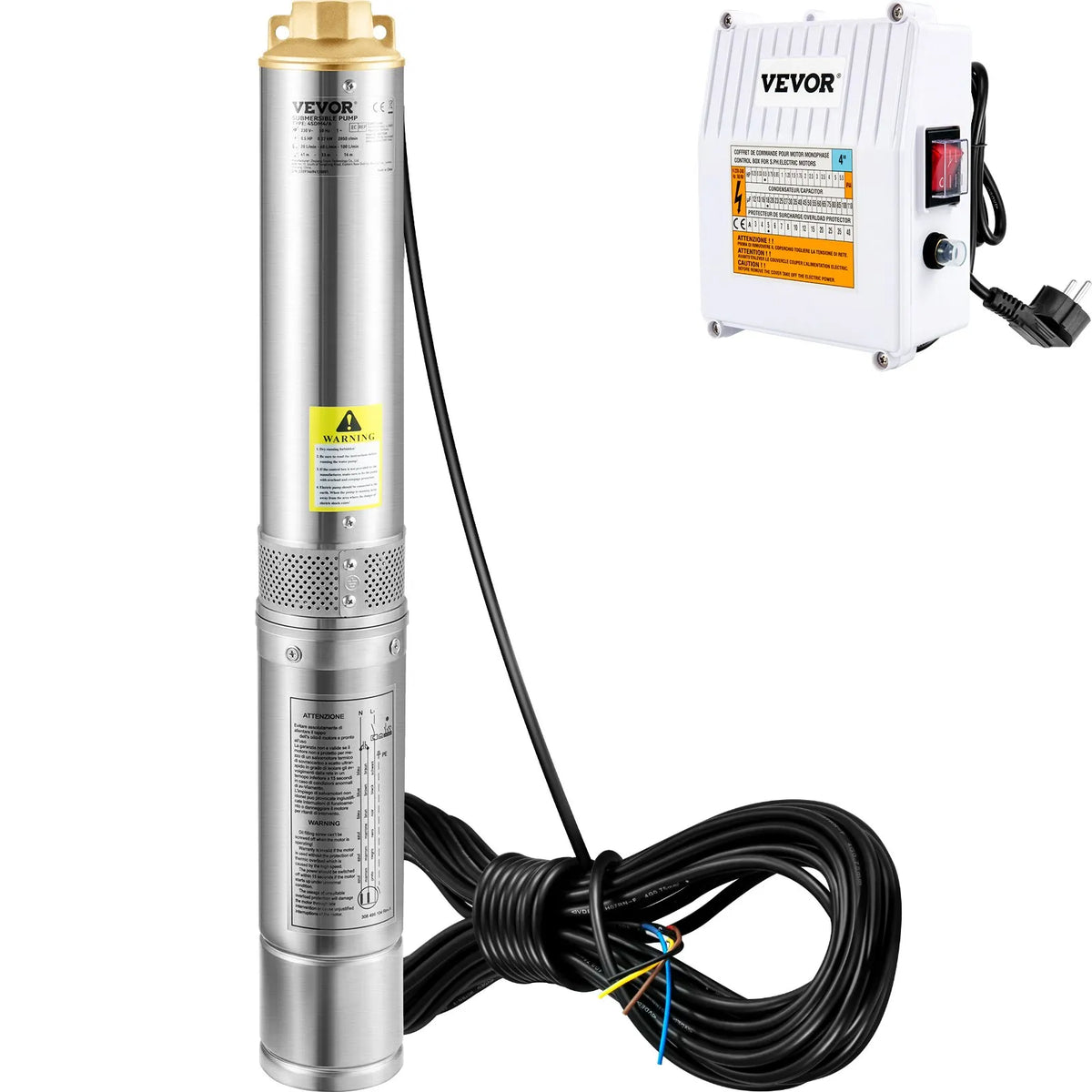 VEVOR Deep Well Submersible Pump, 370 W, 230V/50Hz, Flow 110 l/min, Lift Height 44 m, with 20 m Cable and External Control Box, 10.2 cm Stainless Steel Water Pump for Industrial Use, Irrigation and Domestic Needs, IP68