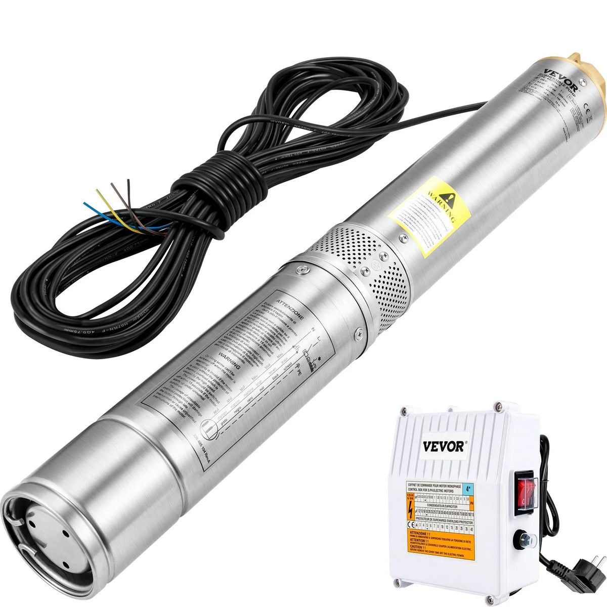 VEVOR Deep Well Submersible Pump, 370 W, 230V/50Hz, Flow 110 l/min, Lift Height 44 m, with 20 m Cable and External Control Box, 10.2 cm Stainless Steel Water Pump for Industrial Use, Irrigation and Domestic Needs, IP68