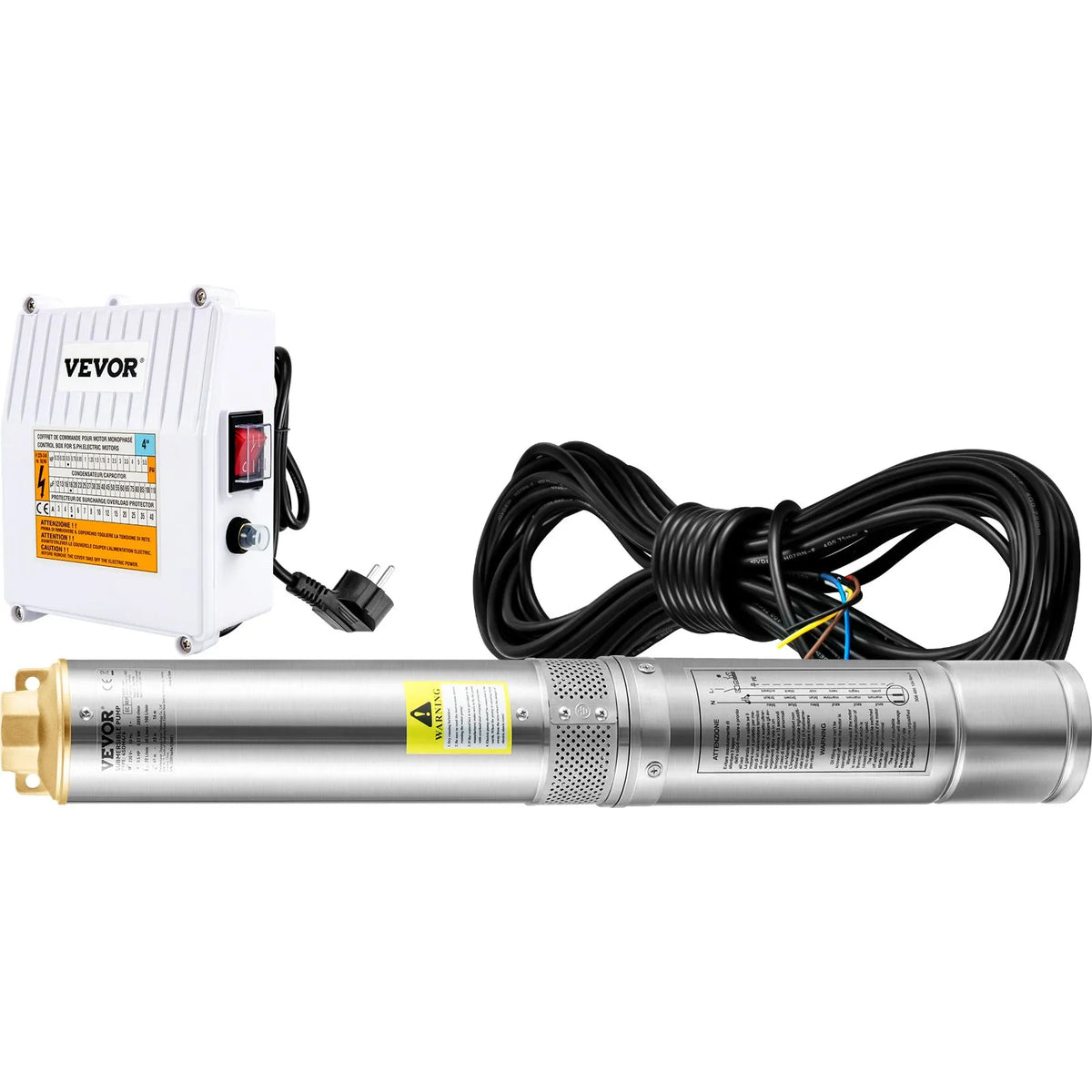 VEVOR Deep Well Submersible Pump, 370 W, 230V/50Hz, Flow 110 l/min, Lift Height 44 m, with 20 m Cable and External Control Box, 10.2 cm Stainless Steel Water Pump for Industrial Use, Irrigation and Domestic Needs, IP68