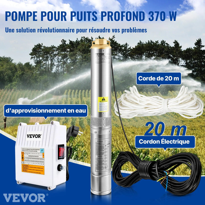 VEVOR dziļurbuma iegremdējamais sūknis, 370 W, 230V/50Hz, plūsma 110 l/min, pacēluma augstums 44 m, ar 20 m kabeli un ārējo vadības bloku, 10,2 cm nerūsējošā tērauda ūdens sūknis rūpnieciskai lietošanai, apūdeņošanai un mājas vajadzībām, IP68