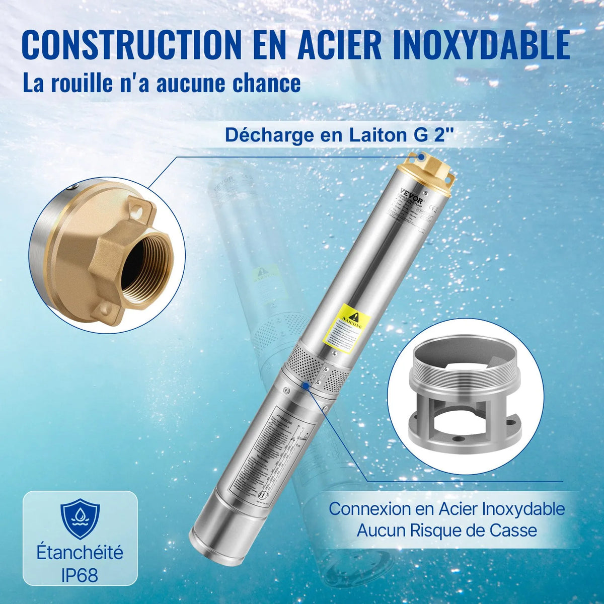 VEVOR Deep Well Submersible Pump, 370 W, 230V/50Hz, Flow 110 l/min, Lift Height 44 m, with 20 m Cable and External Control Box, 10.2 cm Stainless Steel Water Pump for Industrial Use, Irrigation and Domestic Needs, IP68