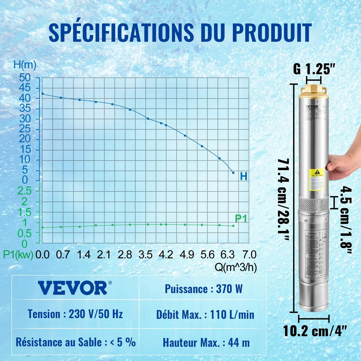VEVOR Deep Well Submersible Pump, 370 W, 230V/50Hz, Flow 110 l/min, Lift Height 44 m, with 20 m Cable and External Control Box, 10.2 cm Stainless Steel Water Pump for Industrial Use, Irrigation and Domestic Needs, IP68