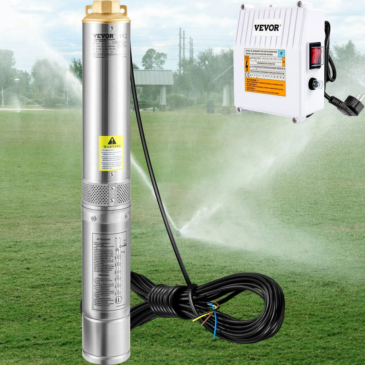 VEVOR Deep Well Submersible Pump, 370 W, 230V/50Hz, Flow 110 l/min, Lift Height 44 m, with 20 m Cable and External Control Box, 10.2 cm Stainless Steel Water Pump for Industrial Use, Irrigation and Domestic Needs, IP68