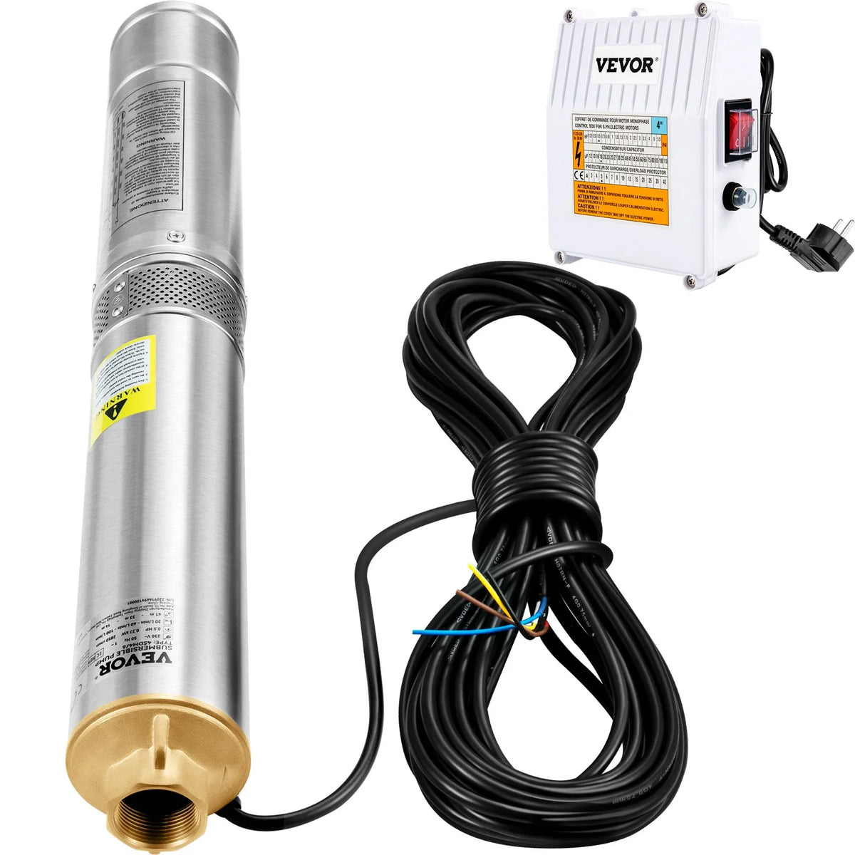VEVOR Deep Well Submersible Pump, 370 W, 230V/50Hz, Flow 110 l/min, Lift Height 44 m, with 20 m Cable and External Control Box, 10.2 cm Stainless Steel Water Pump for Industrial Use, Irrigation and Domestic Needs, IP68