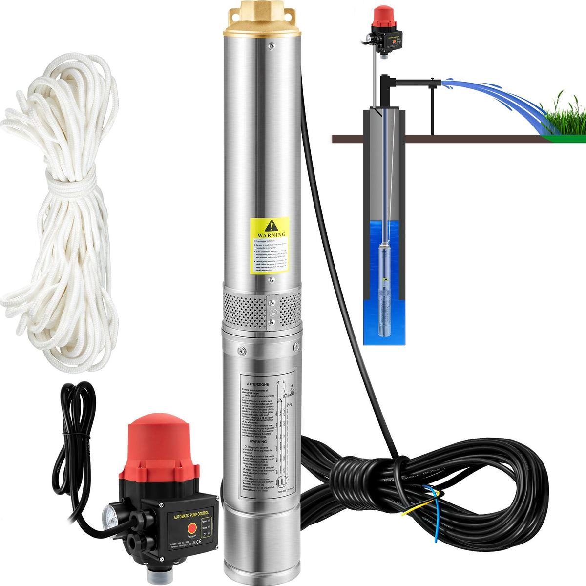 VEVOR Deep Well Submersible Pump 750 W, 230 V/50 Hz, Flow up to 105 l/min, Lift Height up to 62 m, 20 m Cable with Automatic Pressure Switch, 8.9 cm Stainless Steel Housing, IP68, for Industrial, Irrigation and Domestic Use