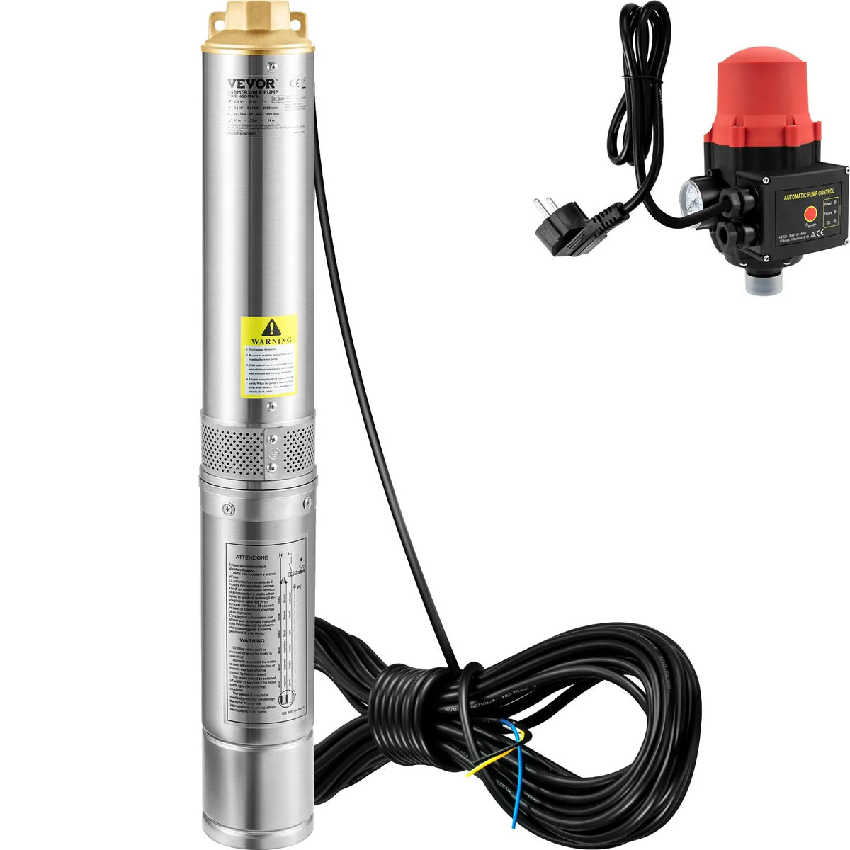 VEVOR Deep Well Submersible Pump 750 W, 230 V/50 Hz, Flow up to 105 l/min, Lift Height up to 62 m, 20 m Cable with Automatic Pressure Switch, 8.9 cm Stainless Steel Housing, IP68, for Industrial, Irrigation and Domestic Use