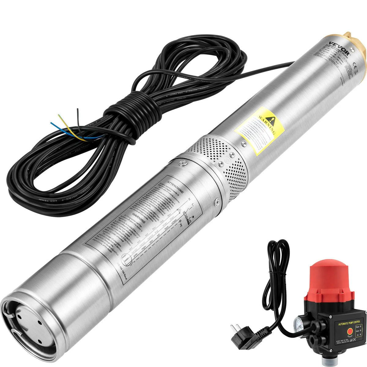 VEVOR Deep Well Submersible Pump 750 W, 230 V/50 Hz, Flow up to 105 l/min, Lift Height up to 62 m, 20 m Cable with Automatic Pressure Switch, 8.9 cm Stainless Steel Housing, IP68, for Industrial, Irrigation and Domestic Use