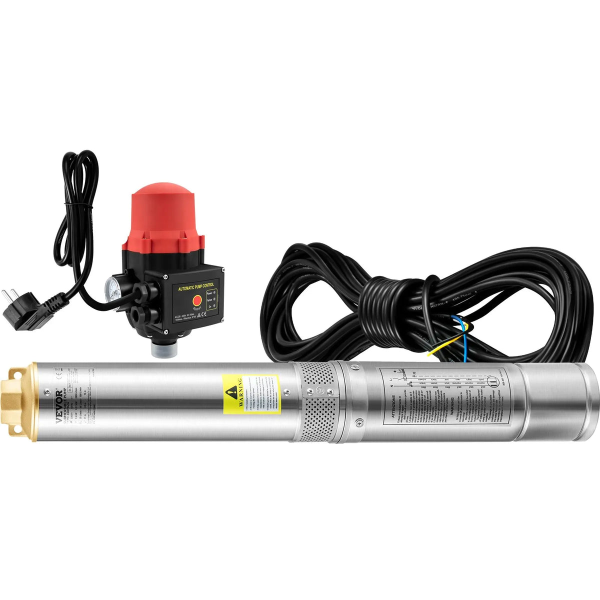 VEVOR Deep Well Submersible Pump 750 W, 230 V/50 Hz, Flow up to 105 l/min, Lift Height up to 62 m, 20 m Cable with Automatic Pressure Switch, 8.9 cm Stainless Steel Housing, IP68, for Industrial, Irrigation and Domestic Use