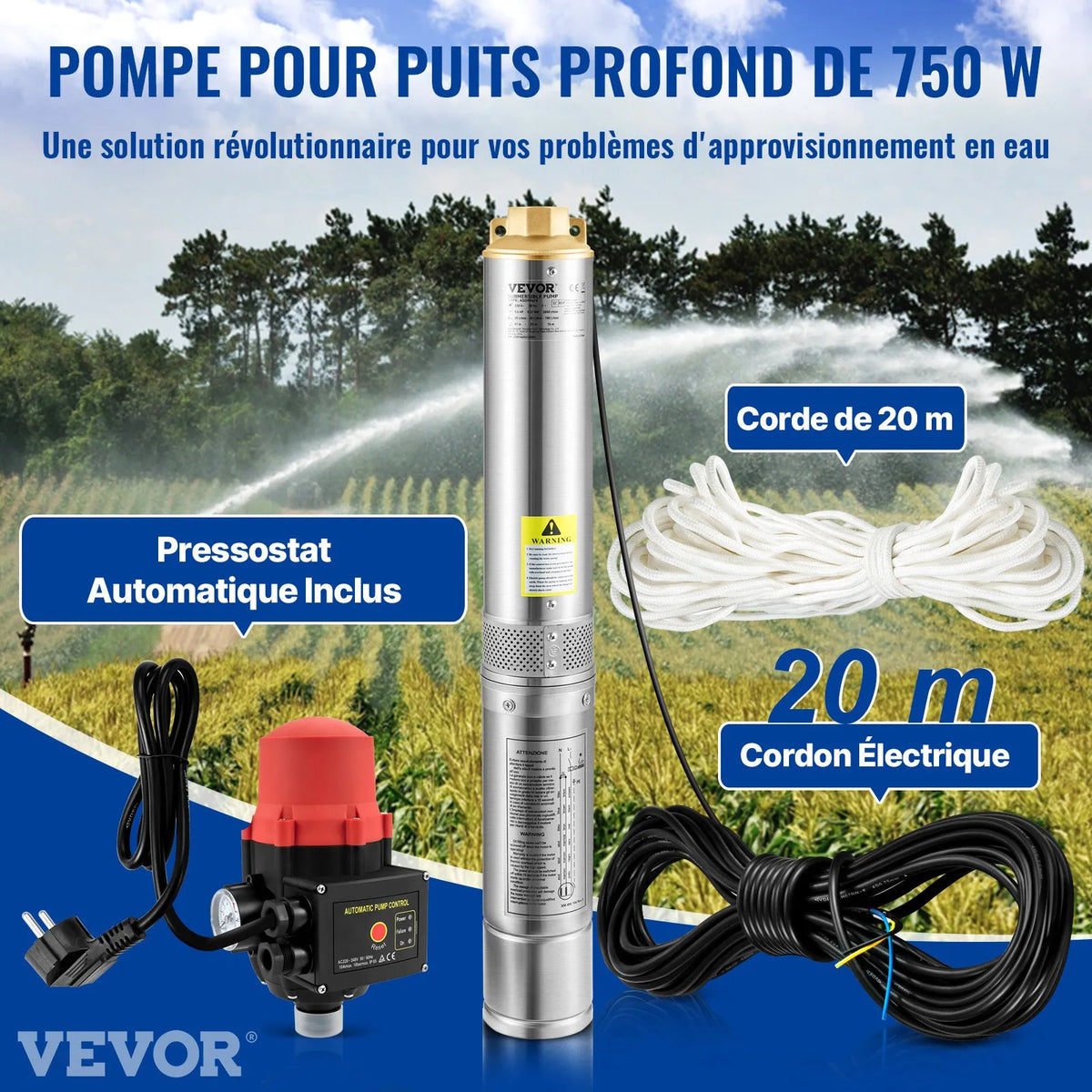 VEVOR Deep Well Submersible Pump 750 W, 230 V/50 Hz, Flow up to 105 l/min, Lift Height up to 62 m, 20 m Cable with Automatic Pressure Switch, 8.9 cm Stainless Steel Housing, IP68, for Industrial, Irrigation and Domestic Use