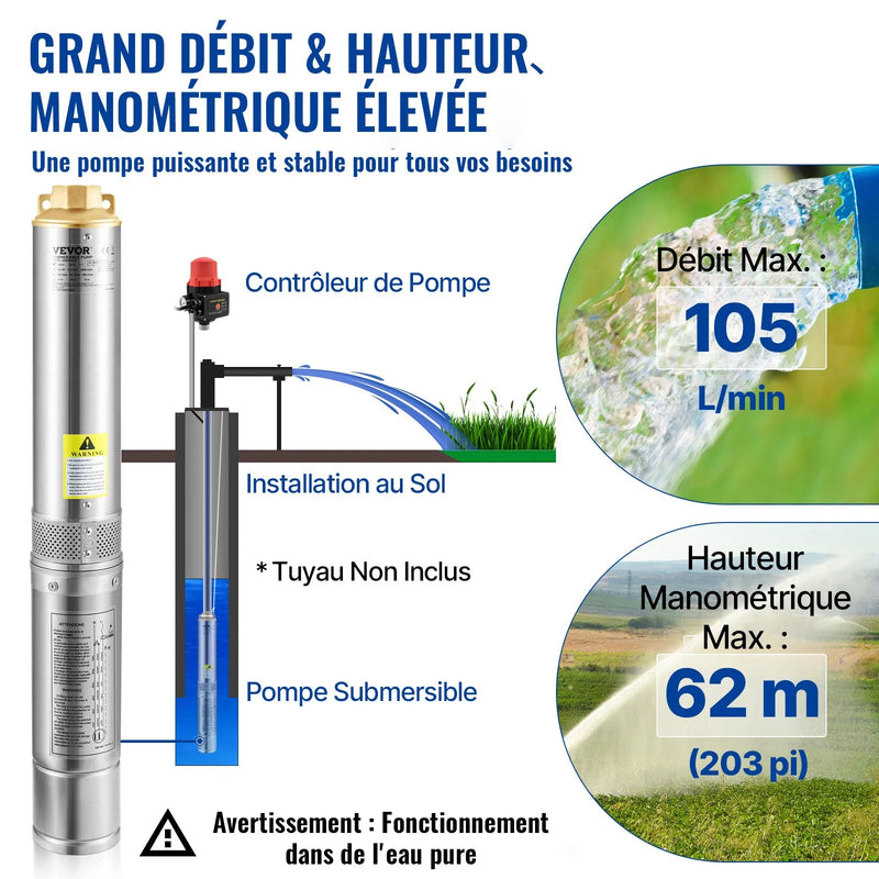 VEVOR dziļurbuma iegremdējamais sūknis 750 W, 230 V/50 Hz, plūsma līdz 105 l/min, pacelšanas augstums līdz 62 m, 20 m kabelis ar automātisko spiediena slēdzi, 8,9 cm nerūsējošā tērauda korpuss, IP68, rūpniecībai, apūdeņošanai un mājsaimniecībai