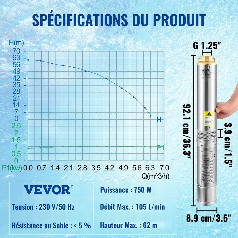 VEVOR dziļurbuma iegremdējamais sūknis 750 W, 230 V/50 Hz, plūsma līdz 105 l/min, pacelšanas augstums līdz 62 m, 20 m kabelis ar automātisko spiediena slēdzi, 8,9 cm nerūsējošā tērauda korpuss, IP68, rūpniecībai, apūdeņošanai un mājsaimniecībai