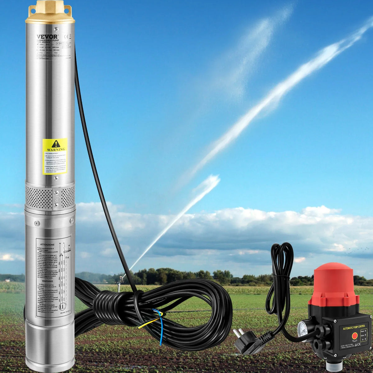 VEVOR Deep Well Submersible Pump 750 W, 230 V/50 Hz, Flow up to 105 l/min, Lift Height up to 62 m, 20 m Cable with Automatic Pressure Switch, 8.9 cm Stainless Steel Housing, IP68, for Industrial, Irrigation and Domestic Use
