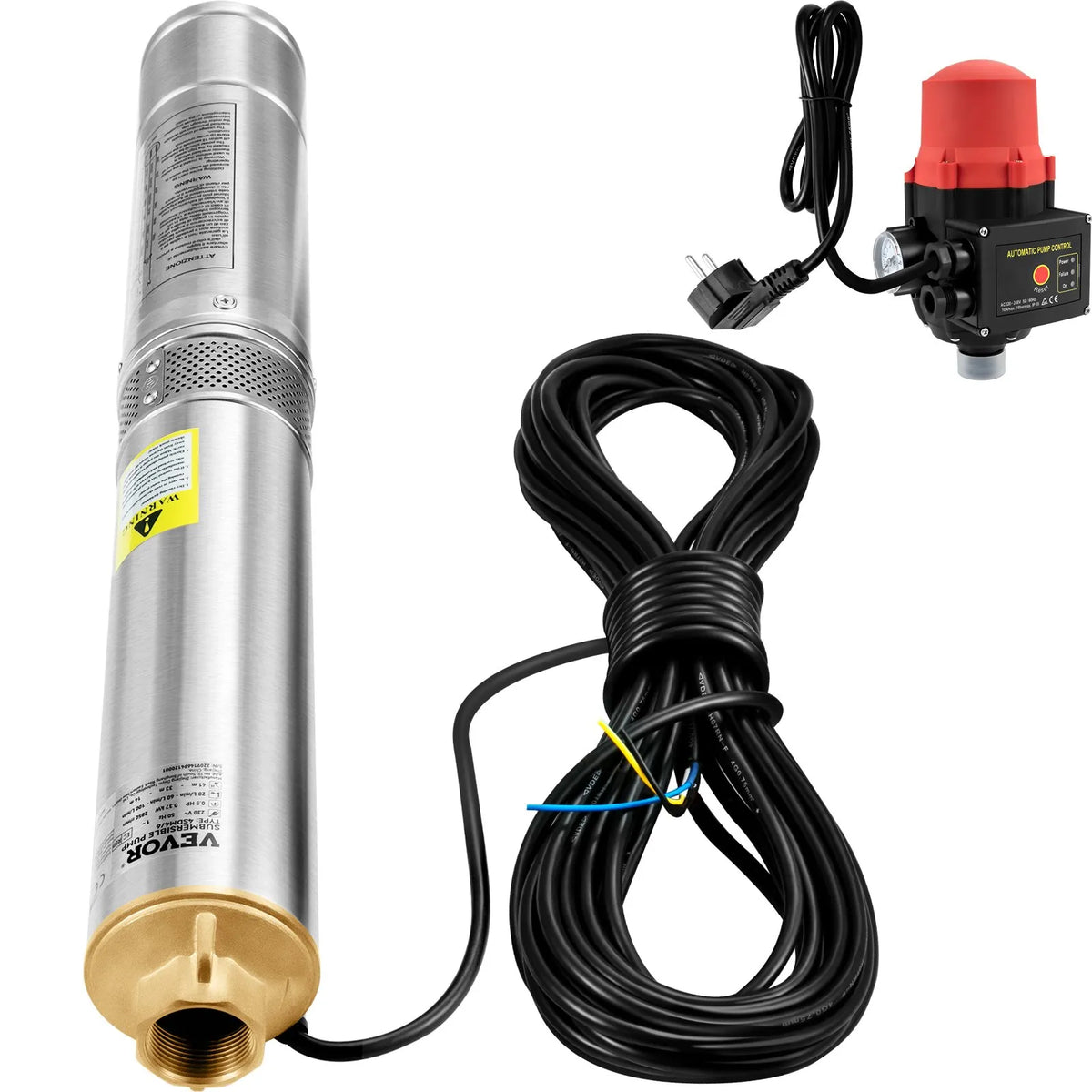 VEVOR Deep Well Submersible Pump 750 W, 230 V/50 Hz, Flow up to 105 l/min, Lift Height up to 62 m, 20 m Cable with Automatic Pressure Switch, 8.9 cm Stainless Steel Housing, IP68, for Industrial, Irrigation and Domestic Use