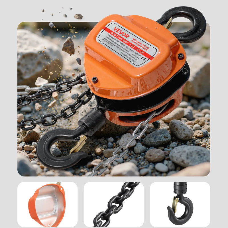 VEVOR manuālais ķēdes pacēlājs, 0,5 t, G80 cinkota ķēde, 3 m pacelšana, oranžs