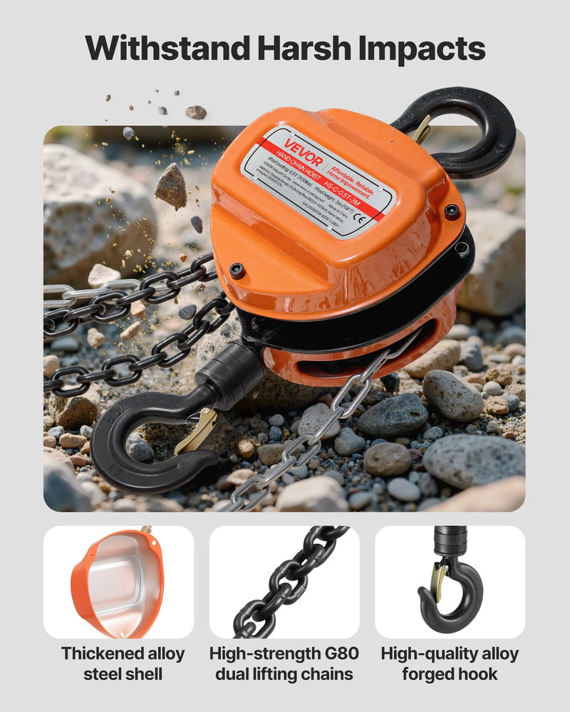 VEVOR manuālais ķēdes pacēlājs, 0,5 t, G80 cinkota ķēde, 3 m pacelšana, oranžs
