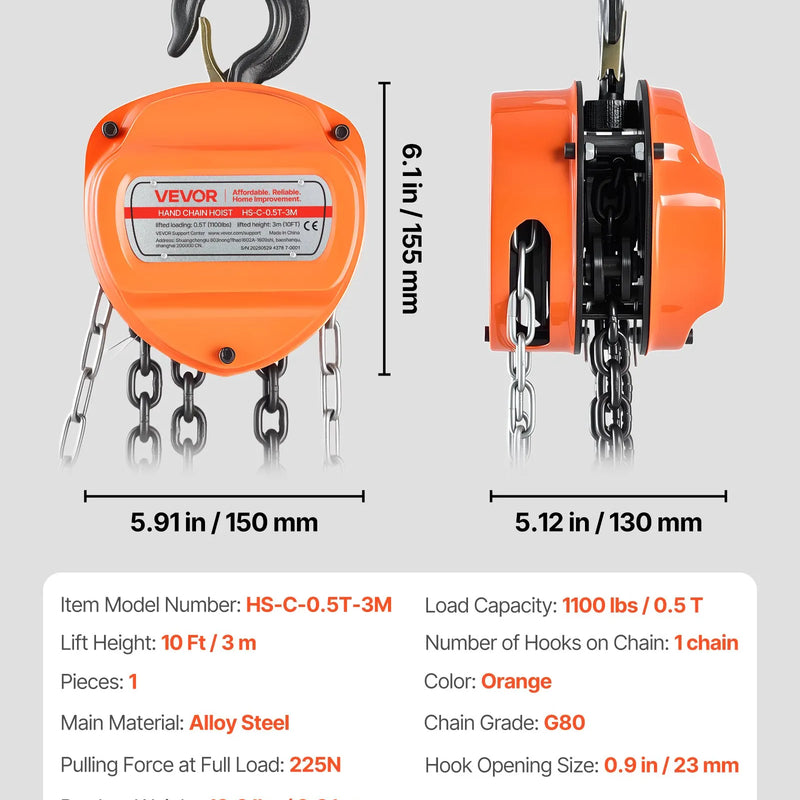 VEVOR manuālais ķēdes pacēlājs, 0,5 t, G80 cinkota ķēde, 3 m pacelšana, oranžs