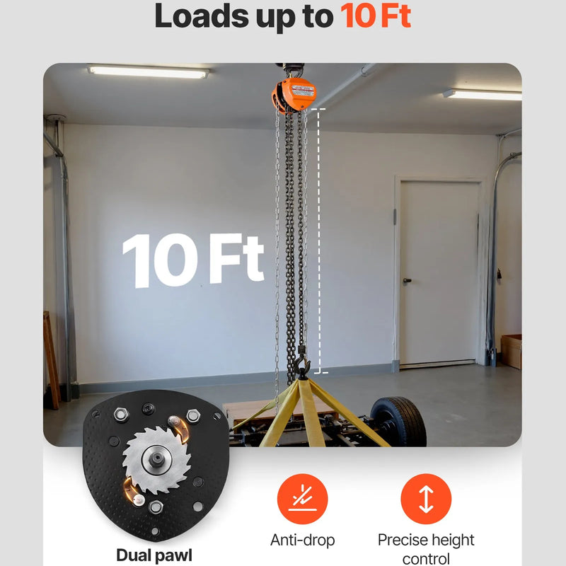 VEVOR manuālais ķēdes pacēlājs, 1 t (1000 kg), G80 cinkota ķēde, 3 m pacelšana, oranžs