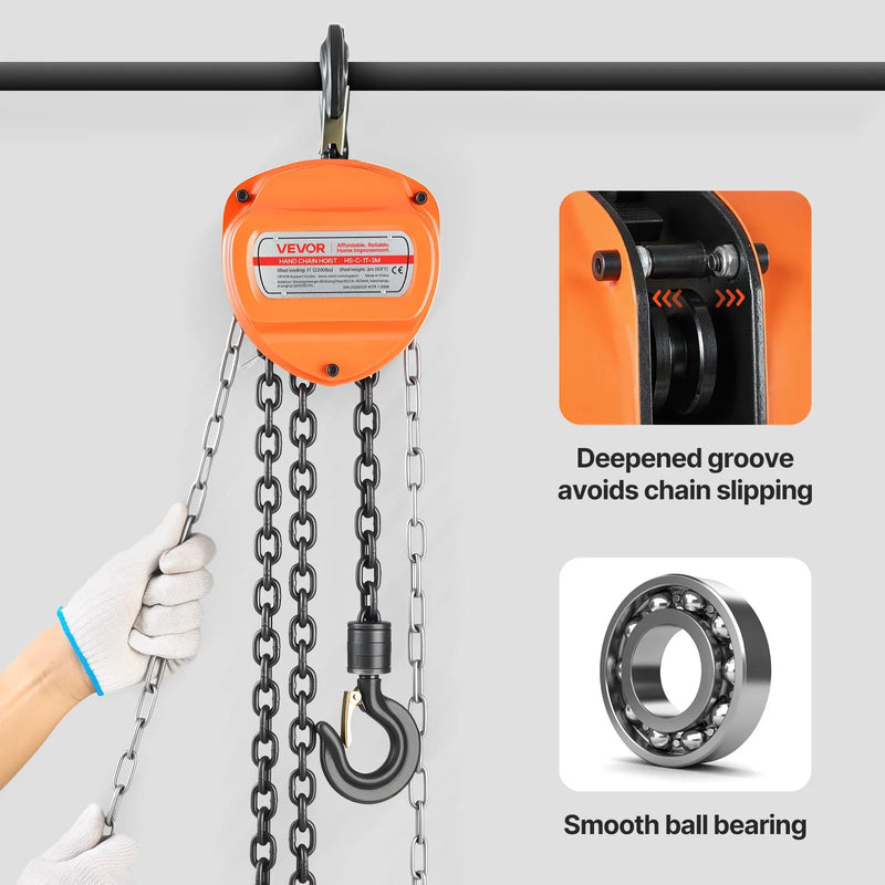 VEVOR manuālais ķēdes pacēlājs, 1 t (1000 kg), G80 cinkota ķēde, 3 m pacelšana, oranžs