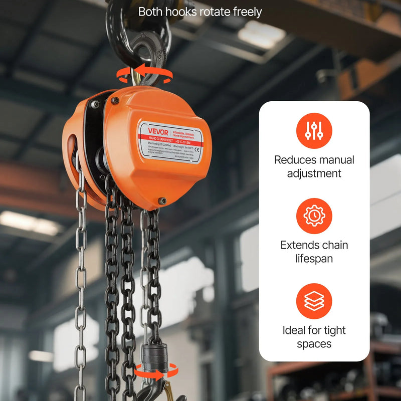 VEVOR manuālais ķēdes pacēlājs, 1 t (1000 kg), G80 cinkota ķēde, 3 m pacelšana, oranžs