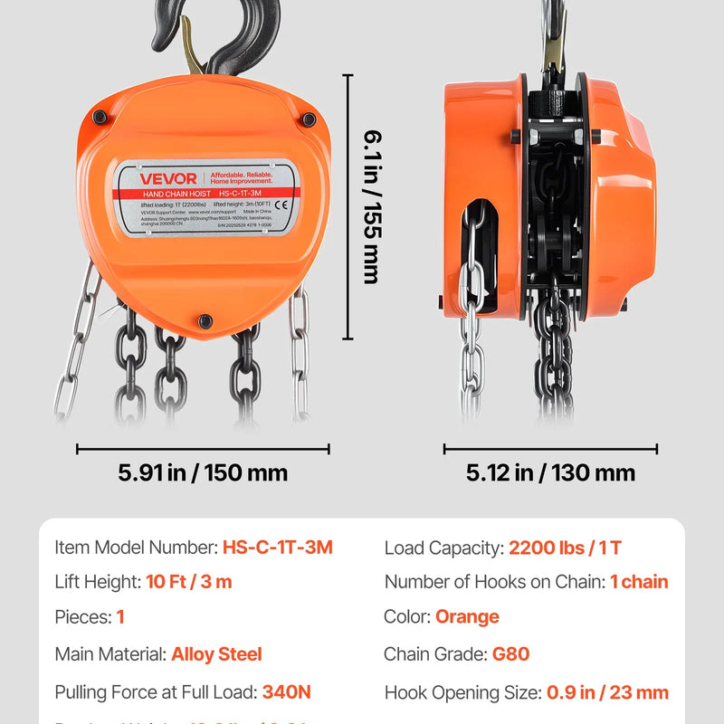 VEVOR manuālais ķēdes pacēlājs, 1 t (1000 kg), G80 cinkota ķēde, 3 m pacelšana, oranžs