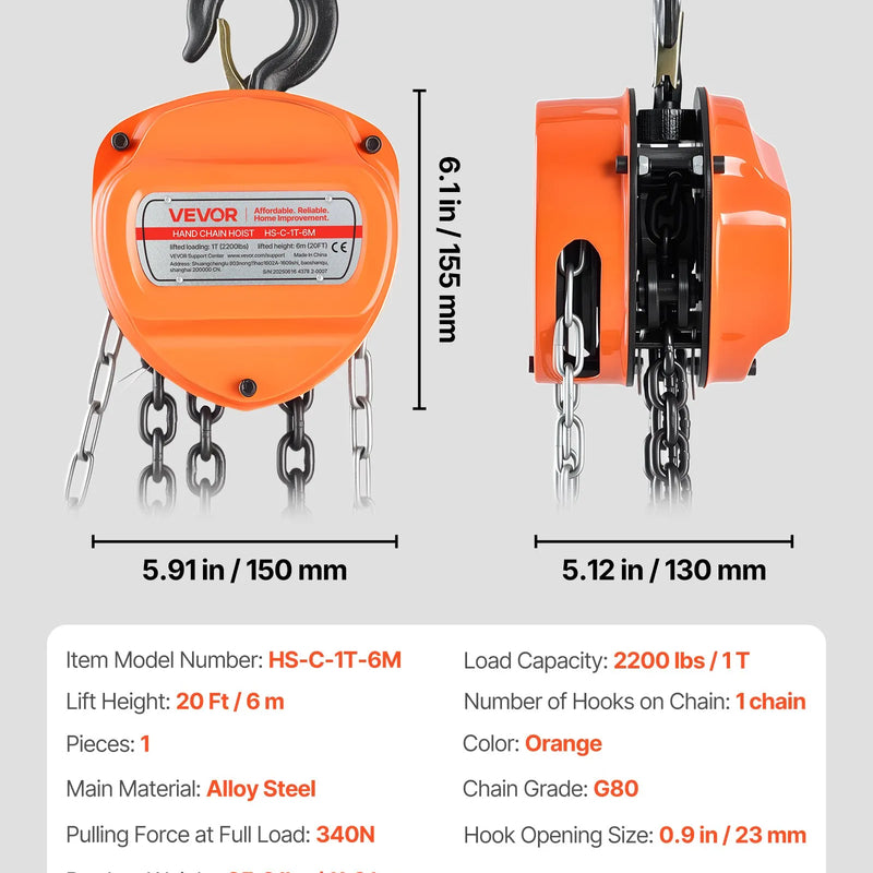VEVOR manuālais ķēdes pacēlājs, 1 t, G80 cinkota ķēde, 6 m pacelšana, oranžs