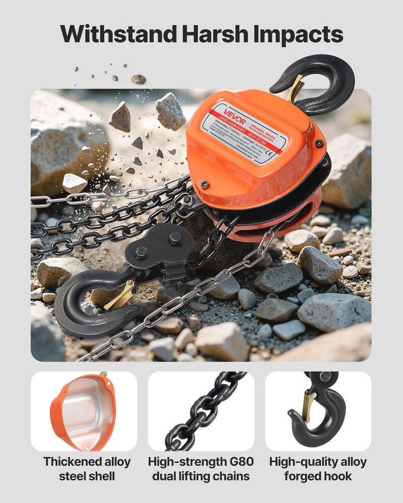 VEVOR rokas ķēdes pacēlājs, 2 t, G80 cinkota ķēde, 3 m pacelšanas augstums, oranžs