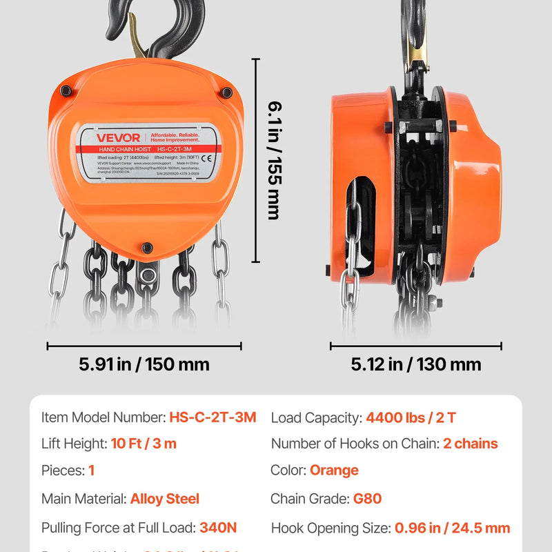 VEVOR rokas ķēdes pacēlājs, 2 t, G80 cinkota ķēde, 3 m pacelšanas augstums, oranžs
