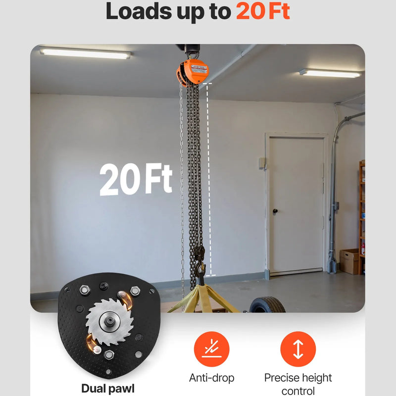 VEVOR manuālais ķēdes pacēlājs, 2 t, G80 cinkota ķēde, 6 m pacelšana, oranžs