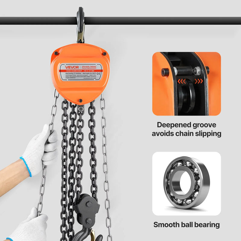 VEVOR manuālais ķēdes pacēlājs, 2 t, G80 cinkota ķēde, 6 m pacelšana, oranžs