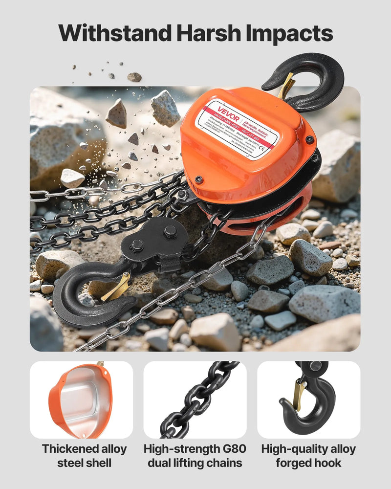 VEVOR manuālais ķēdes pacēlājs, 2 t, G80 cinkota ķēde, 6 m pacelšana, oranžs