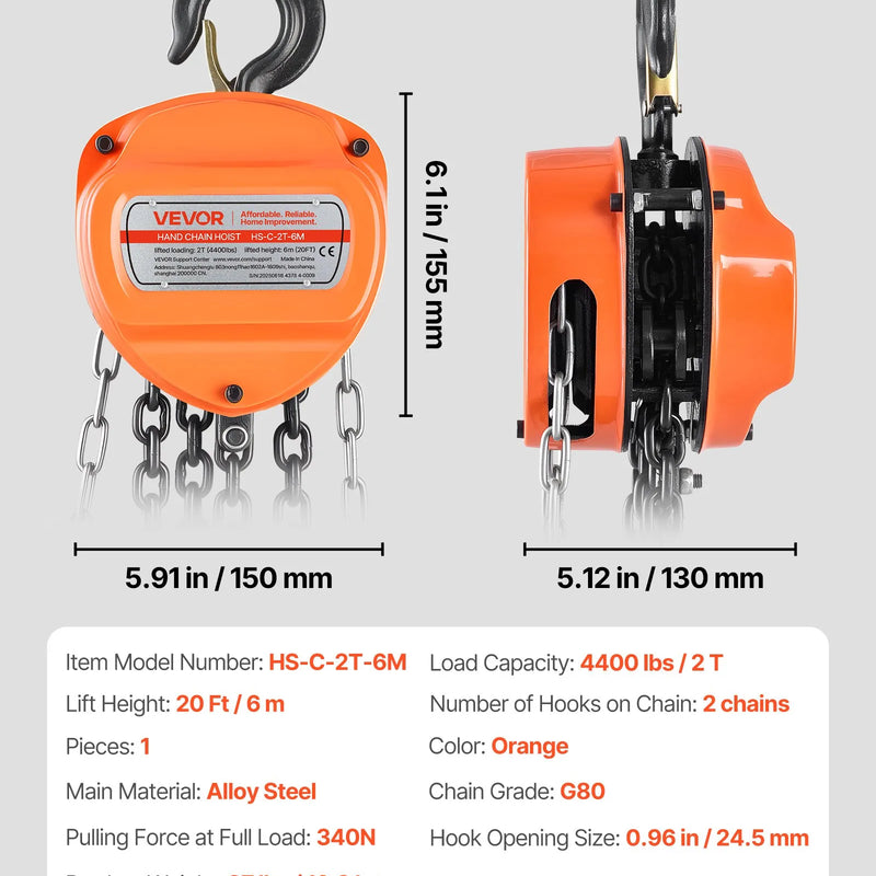 VEVOR manuālais ķēdes pacēlājs, 2 t, G80 cinkota ķēde, 6 m pacelšana, oranžs