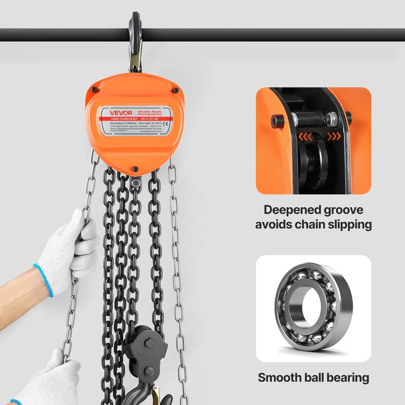 VEVOR manuālais ķēdes pacēlājs, 3 t, G80 cinkota ķēde, 3 m pacelšana, oranžs