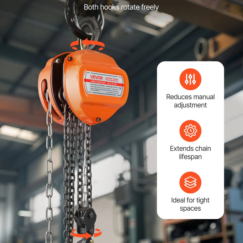 VEVOR manuālais ķēdes pacēlājs, 3 t, G80 cinkota ķēde, 3 m pacelšana, oranžs