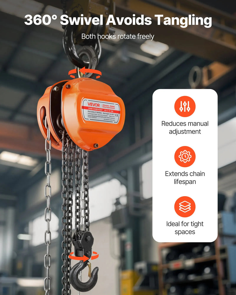 VEVOR manuālais ķēdes pacēlājs, 3 t, G80 cinkota ķēde, 3 m pacelšana, oranžs