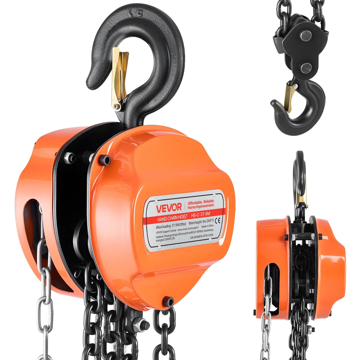 VEVOR 3 t Manual Chain Hoist with G80 Galvanised Chain and 6 m Lifting Height, Heavy-Duty Mechanical Pulley Hoist for Garages and Workshops, Orange