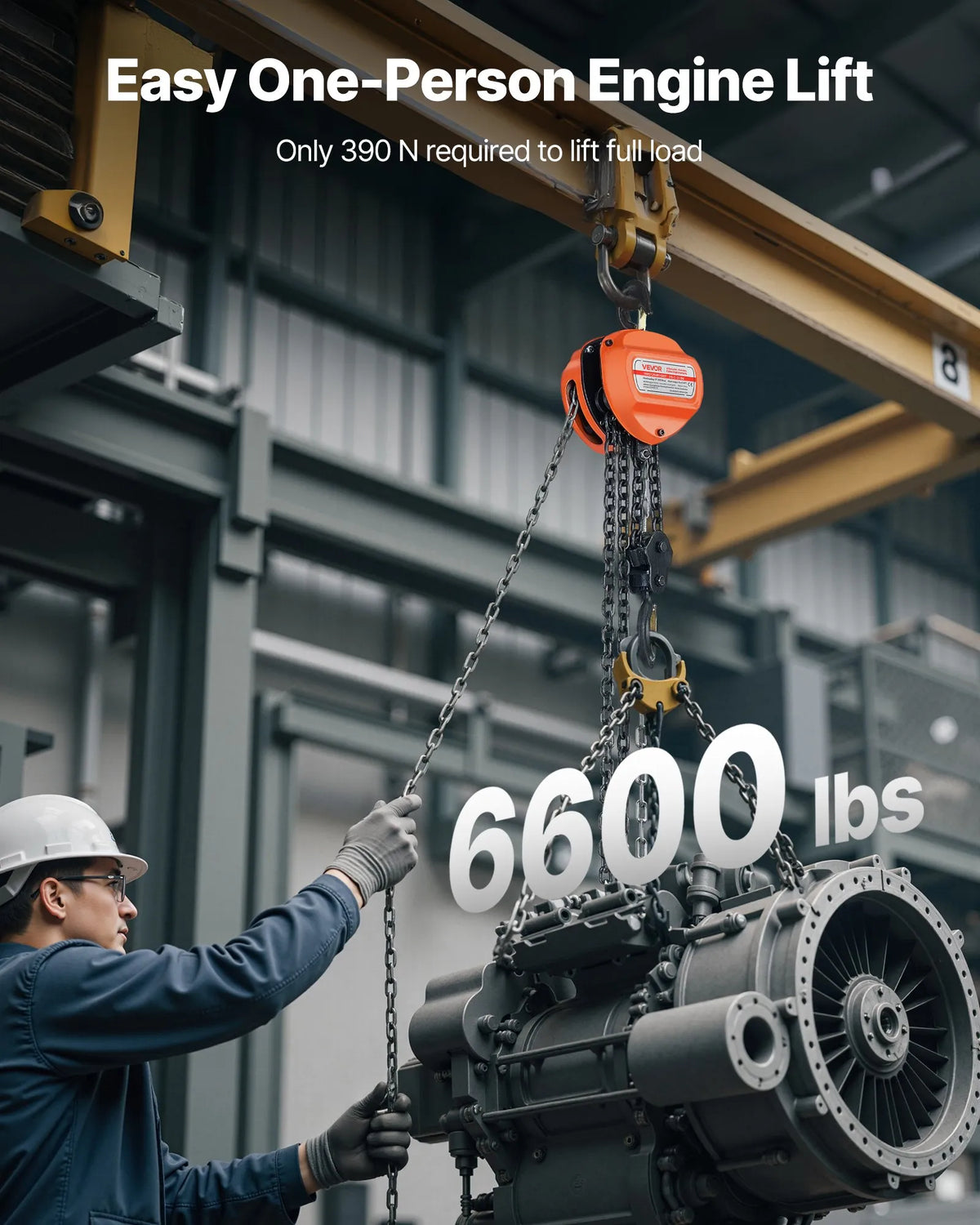 VEVOR 3 t Manual Chain Hoist with G80 Galvanised Chain and 6 m Lifting Height, Heavy-Duty Mechanical Pulley Hoist for Garages and Workshops, Orange