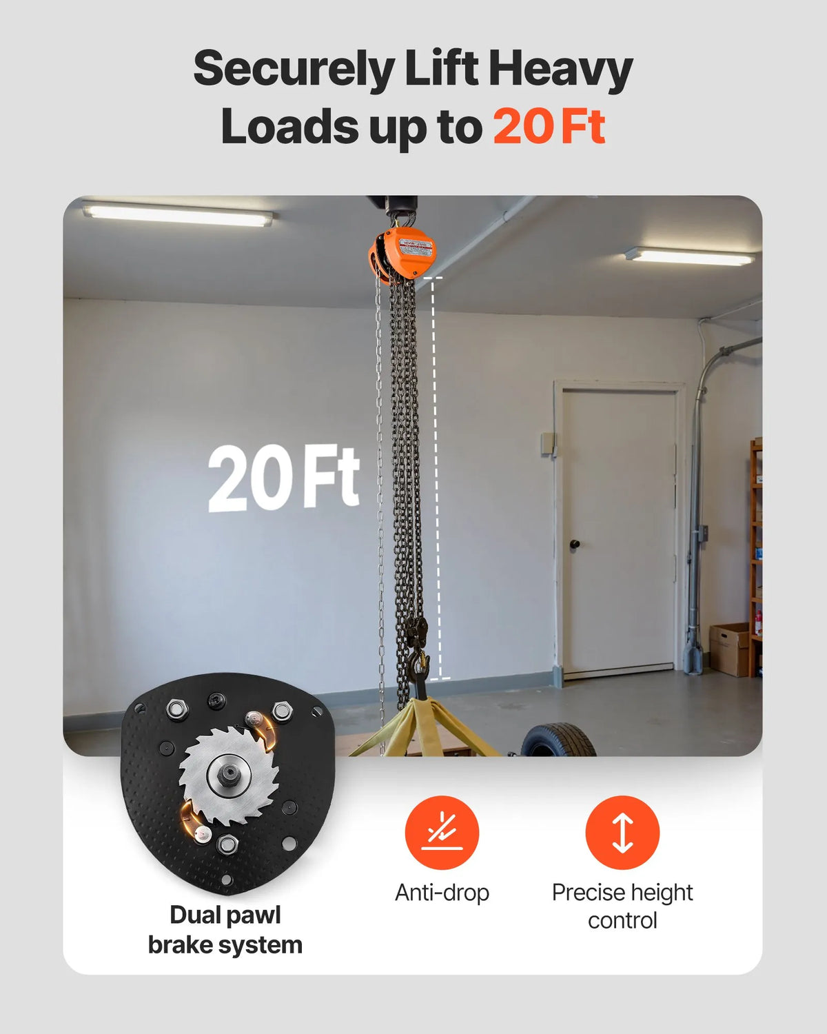 VEVOR 3 t Manual Chain Hoist with G80 Galvanised Chain and 6 m Lifting Height, Heavy-Duty Mechanical Pulley Hoist for Garages and Workshops, Orange