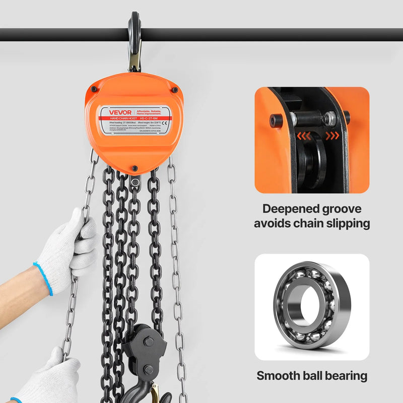 VEVOR 3 t rokas ķēdes pacēlājs ar G80 cinkotu ķēdi un 6 m pacelšanas augstumu, smagsvara mehāniskais trīša pacēlājs garāžām un darbnīcām, oranžs