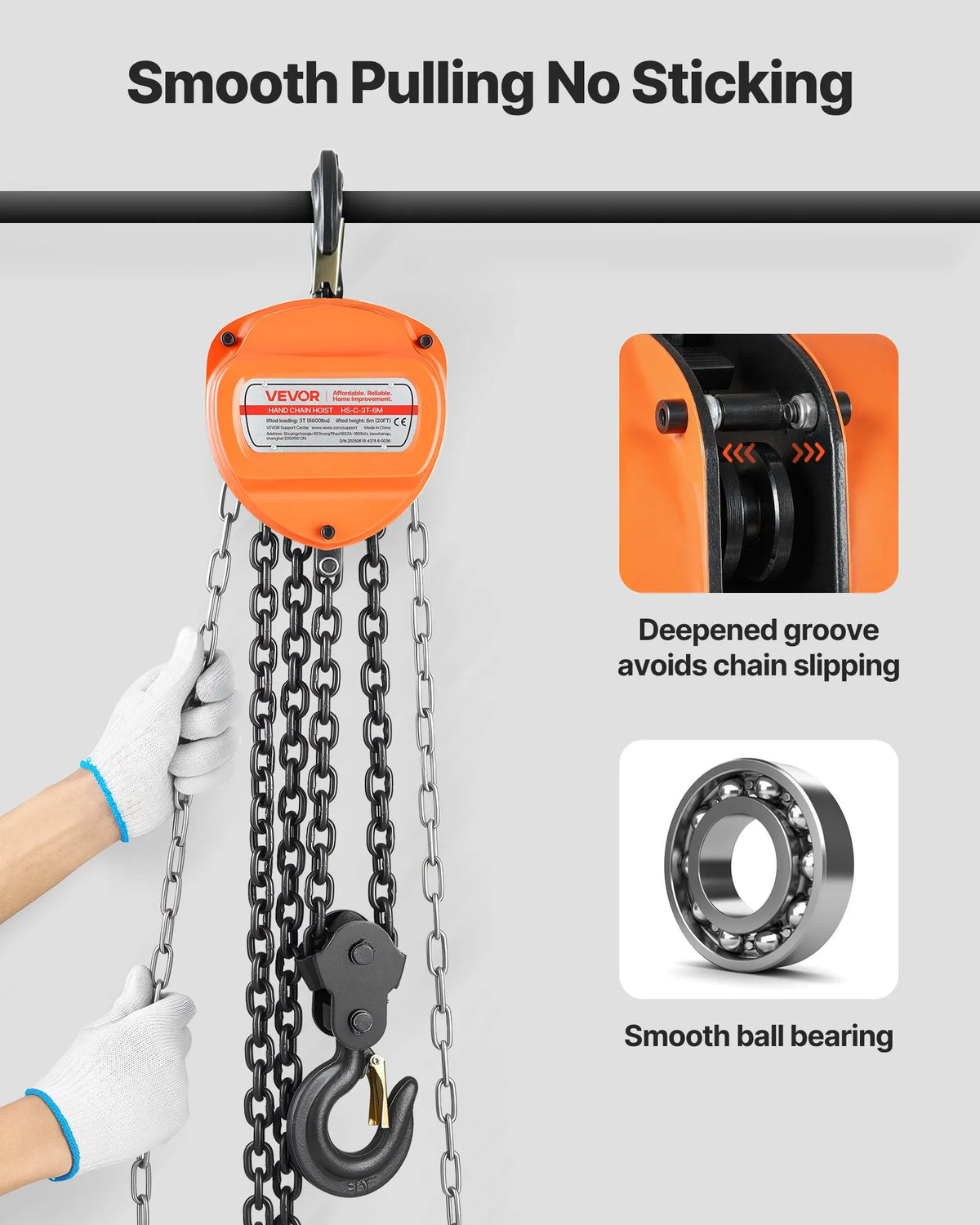 VEVOR 3 t Manual Chain Hoist with G80 Galvanised Chain and 6 m Lifting Height, Heavy-Duty Mechanical Pulley Hoist for Garages and Workshops, Orange