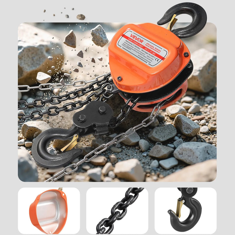 VEVOR 3 t rokas ķēdes pacēlājs ar G80 cinkotu ķēdi un 6 m pacelšanas augstumu, smagsvara mehāniskais trīša pacēlājs garāžām un darbnīcām, oranžs
