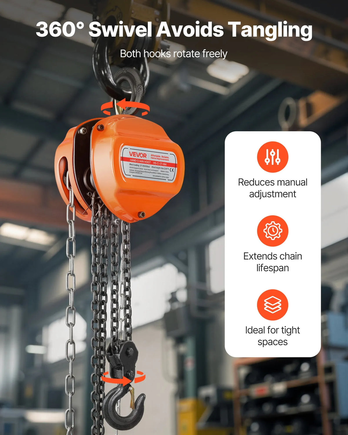 VEVOR 3 t Manual Chain Hoist with G80 Galvanised Chain and 6 m Lifting Height, Heavy-Duty Mechanical Pulley Hoist for Garages and Workshops, Orange