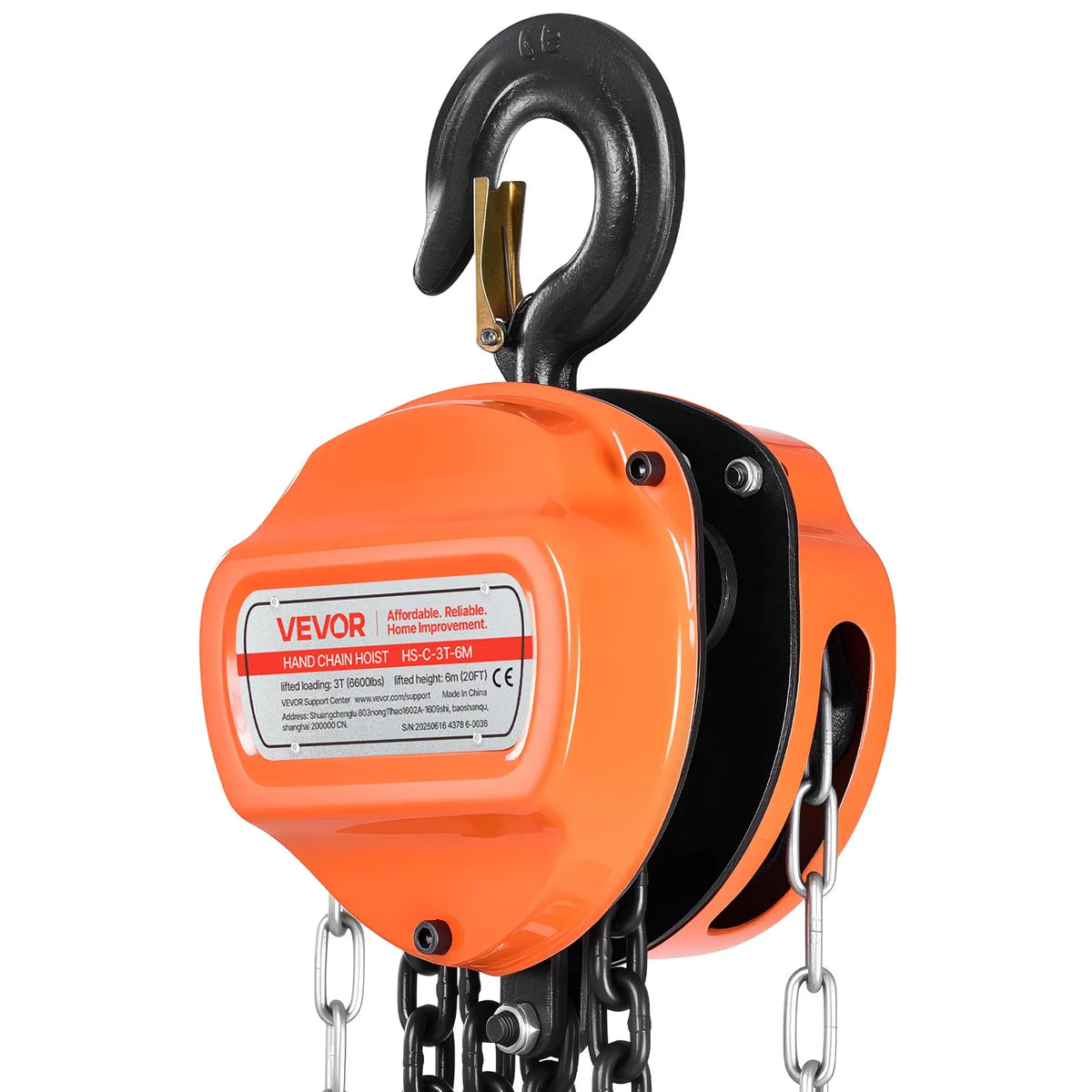 VEVOR 3 t Manual Chain Hoist with G80 Galvanised Chain and 6 m Lifting Height, Heavy-Duty Mechanical Pulley Hoist for Garages and Workshops, Orange