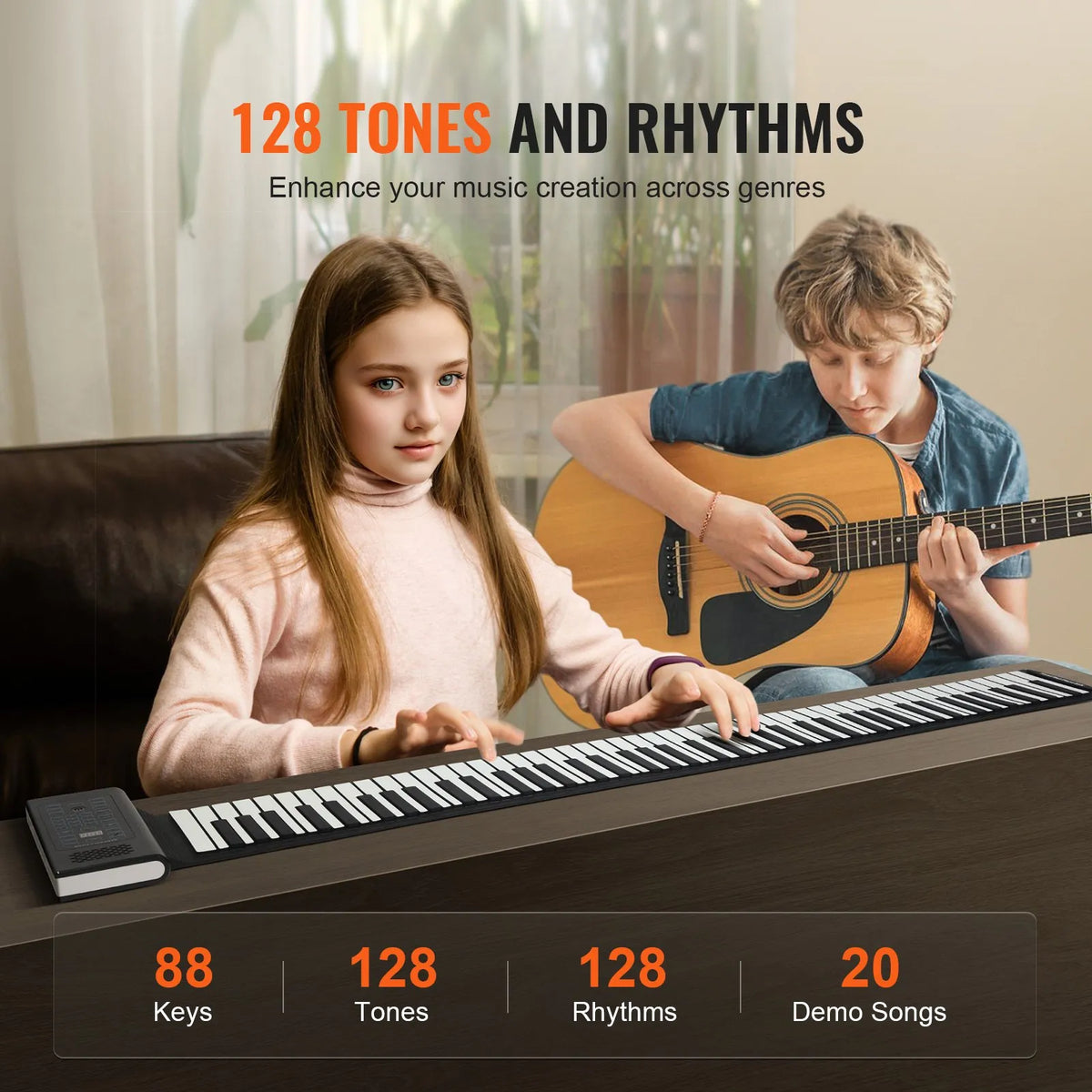 VEVOR Rolling Keyboard 88 Keys with 128 Rhythms, 128 Timbres, Battery, Speaker and MIDI
