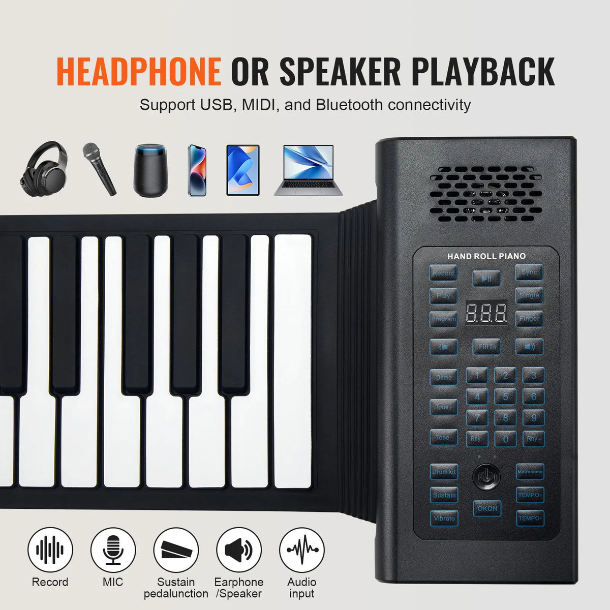 VEVOR Rolling Keyboard 88 Keys with 128 Rhythms, 128 Timbres, Battery, Speaker and MIDI