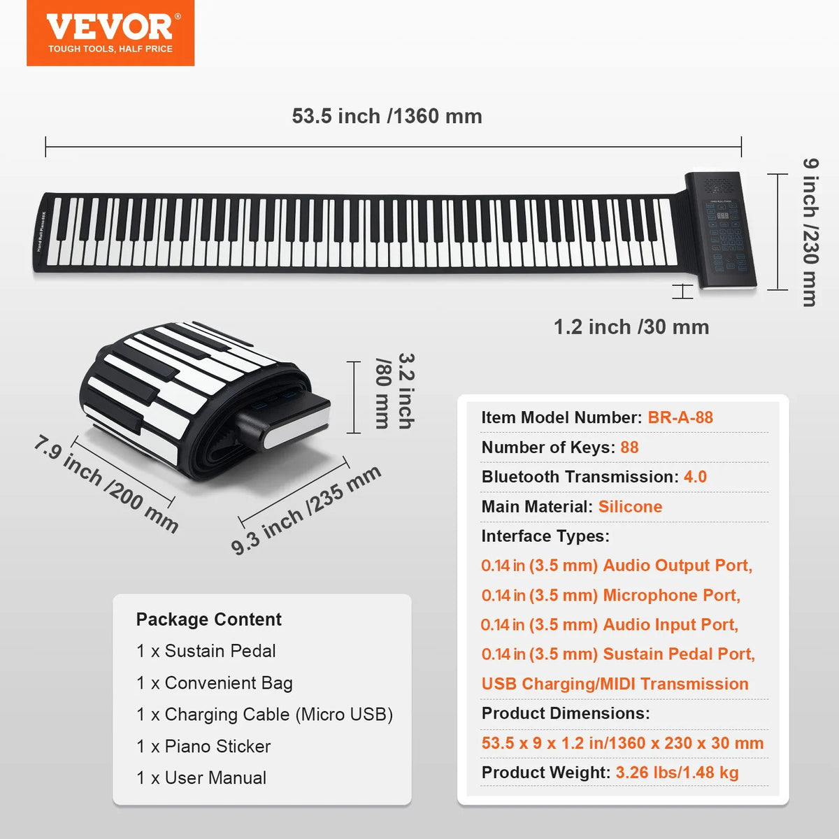 VEVOR Rolling Keyboard 88 Keys with 128 Rhythms, 128 Timbres, Battery, Speaker and MIDI