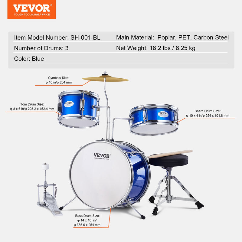 VEVOR bērnu bungu komplekts, 3 daļas, 35,56 cm, iesācējiem, ar sēdekli, zils