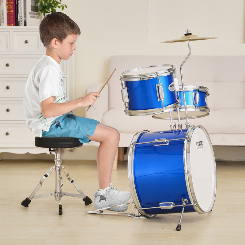 VEVOR bērnu bungu komplekts, 3 daļas, 35,56 cm, iesācējiem, ar sēdekli, zils