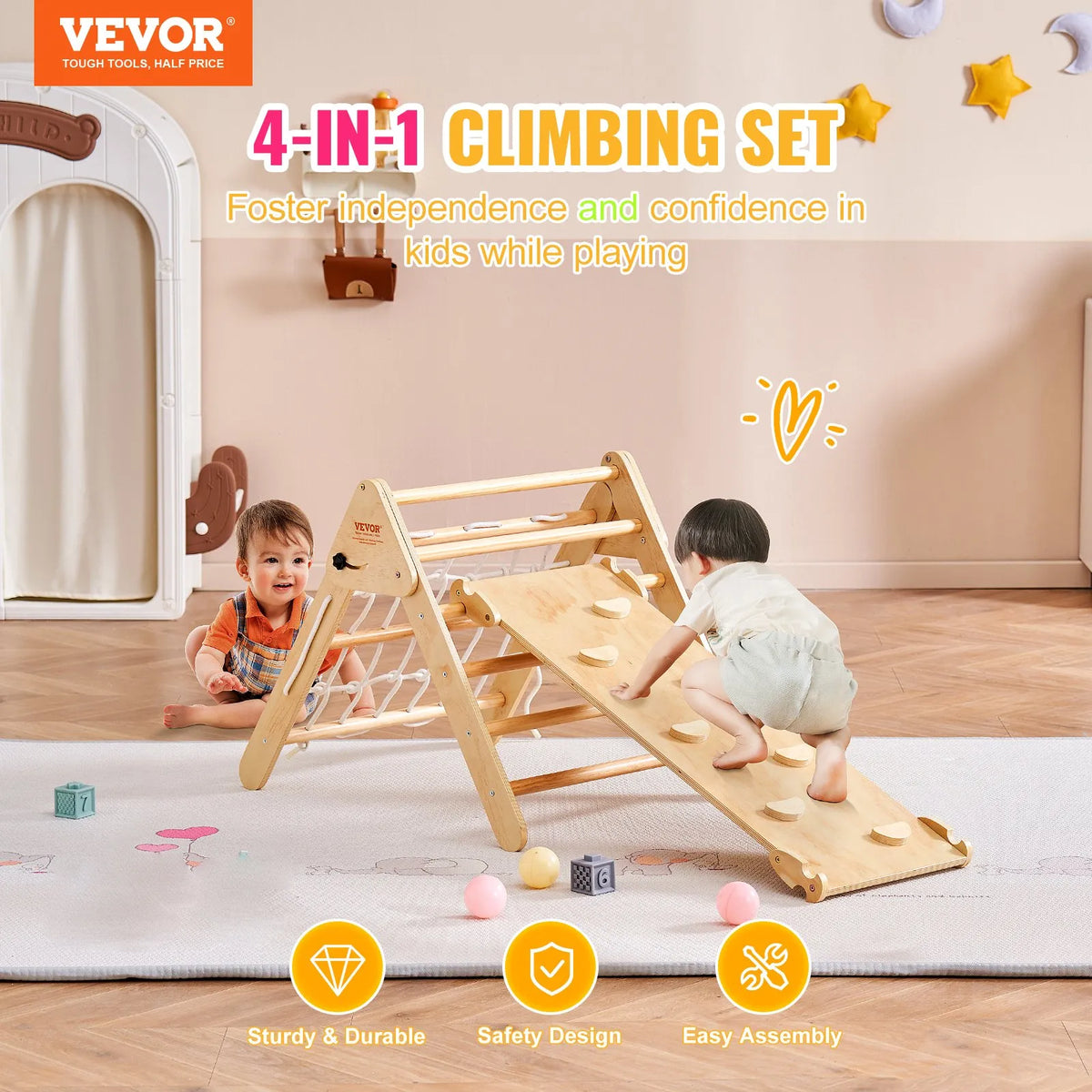 VEVOR 4 in 1 Pikler Triangle with Ramp for Children 1–3 Years, Large, Wood Colour