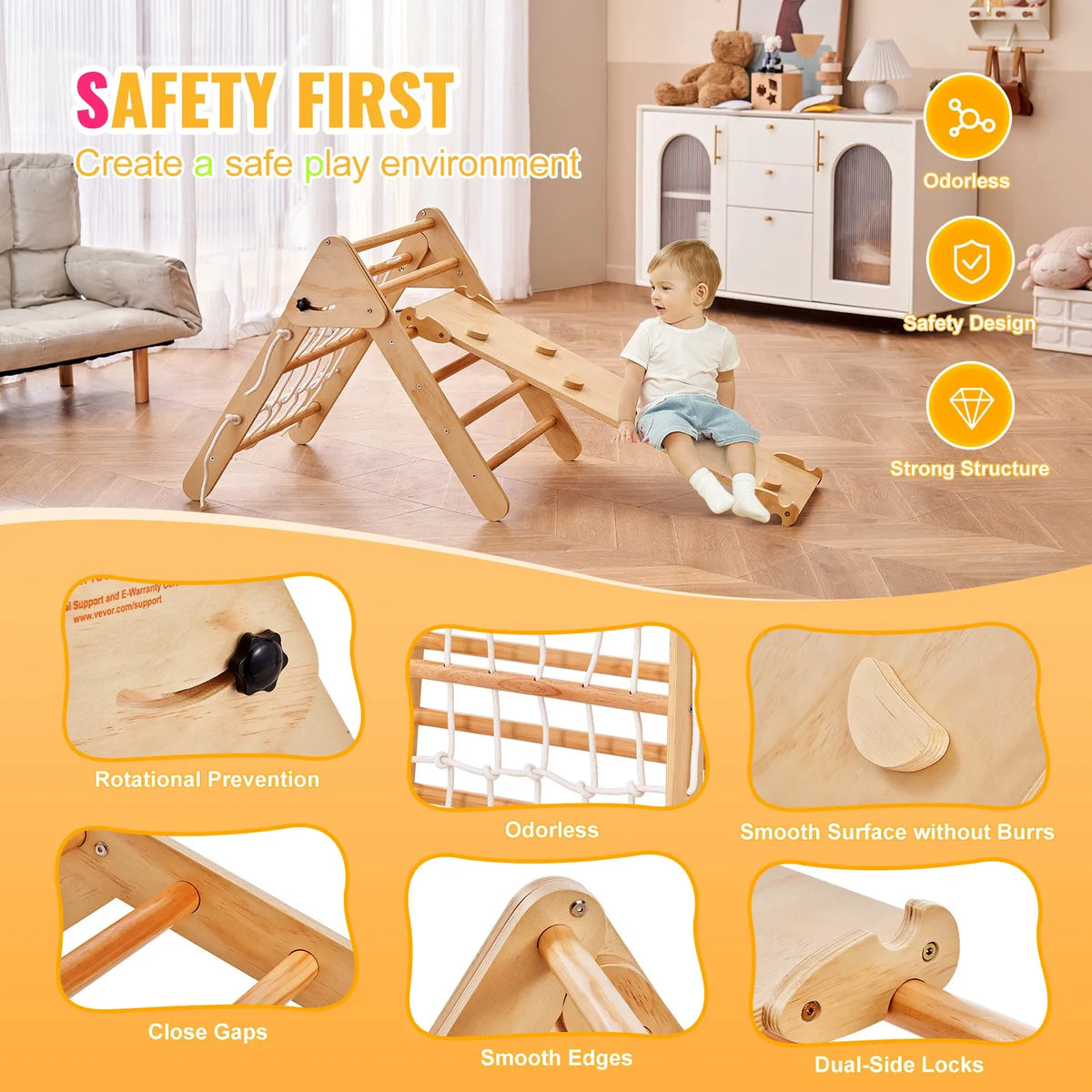 VEVOR 4 in 1 Pikler Triangle with Ramp for Children 1–3 Years, Large, Wood Colour