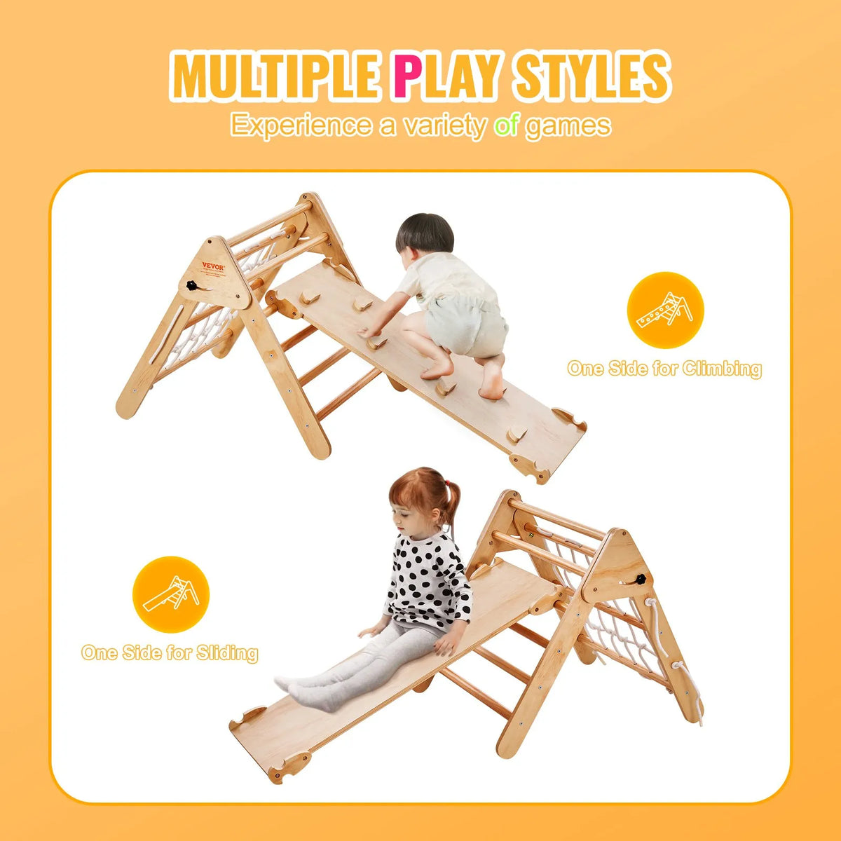 VEVOR 4 in 1 Pikler Triangle with Ramp for Children 1–3 Years, Large, Wood Colour